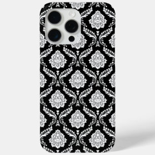 Funda Para iPhone 15 Pro Max Patrón de Damasco Rococó Blanco sobre Negro
