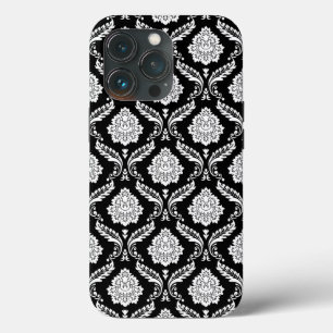 Funda Para iPhone 13 Pro Patrón de Damasco Rococó Blanco sobre Negro