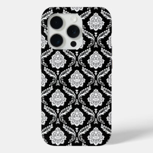 Funda Para iPhone 15 Pro Patrón de Damasco Rococó Blanco sobre Negro