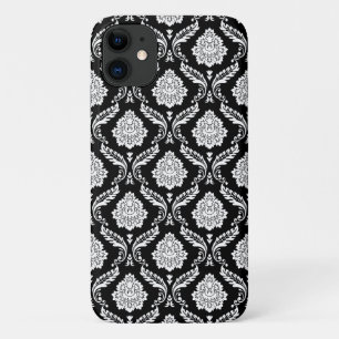 Funda Para iPhone 11 Patrón de Damasco Rococó Blanco sobre Negro