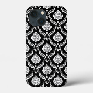 Funda Para iPhone 13 Mini Patrón de Damasco Rococó Blanco sobre Negro