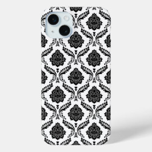 Funda Para iPhone 15 Mini Patrón de Damasco Rococó Negro sobre Blanco