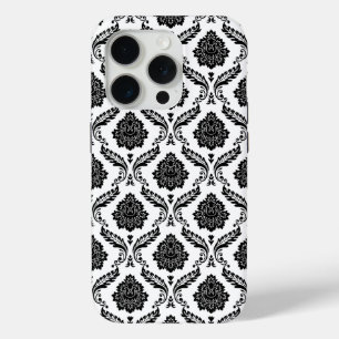 Funda Para iPhone 15 Pro Patrón de Damasco Rococó Negro sobre Blanco