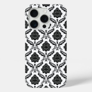 Funda Para iPhone 15 Pro Patrón de Damasco Rococó Negro sobre Blanco
