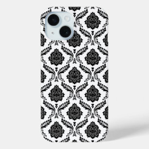 Funda Para iPhone 15 Patrón de Damasco Rococó Negro sobre Blanco