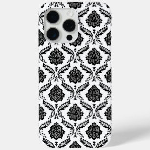 Funda Para iPhone 15 Pro Max Patrón de Damasco Rococó Negro sobre Blanco