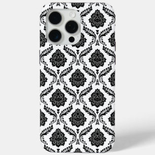 Funda Para iPhone 15 Pro Max Patrón de Damasco Rococó Negro sobre Blanco