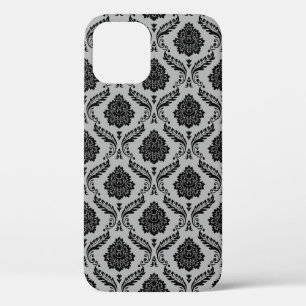 Funda Para iPhone 12 Pro Patrón de Damasco Rococó Negro sobre Gris