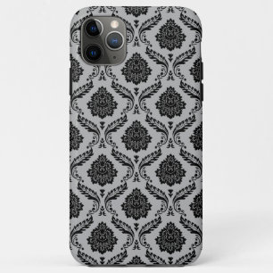 Funda Para iPhone 11 Pro Max Patrón de Damasco Rococó Negro sobre Gris