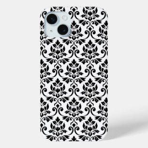 Funda Para iPhone 15 Mini Patrón de Damask de Feuille negro en blanco