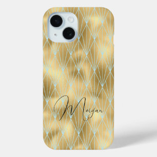 Funda Para iPhone 15 Patrón de diamante Art Deco, oro y azul verdoso, n