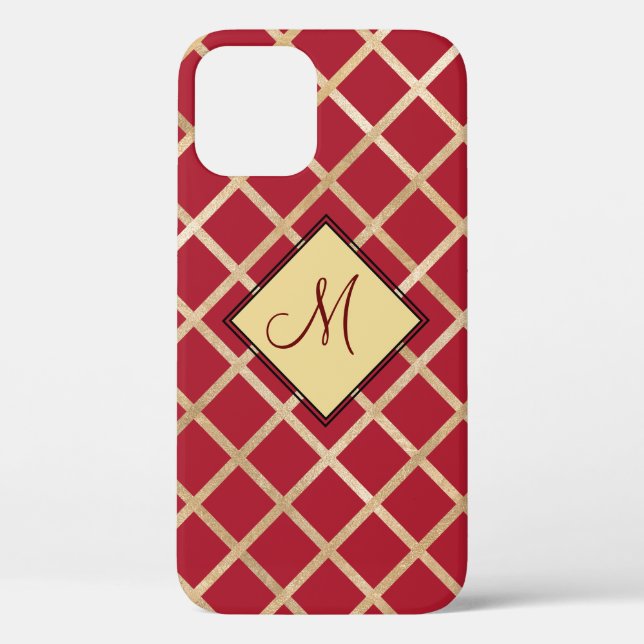 Funda De Case-Mate Para iPhone Patrón de diamante dorado monograma elegante rojo (Reverso )