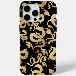 Funda Para iPhone 15 Pro Max Patrón de dragones dorados BG negro