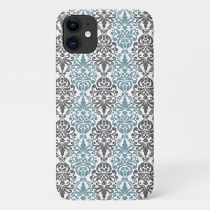Funda Para iPhone 11 Patrón de encaje de damasco de color azul gris azu