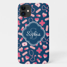Funda Para iPhone 11 Patrón de enfermera rosa y azul con monograma