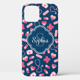 Funda Para iPhone 12 Patrón de enfermera rosa y azul con monograma