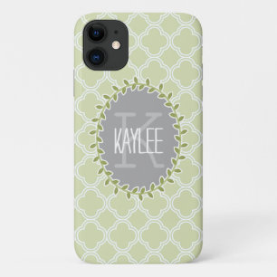Funda Para iPhone 11 Patrón de Entramado Blanco Verde Monogramado Vino
