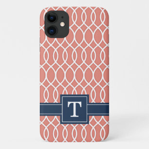 Funda Para iPhone 11 Patrón de Entramado Rosa Azul de la Marina Monogra