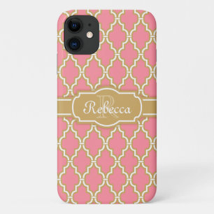 Funda Para iPhone 11 Patrón de Entramado Rosa y Oro Monogramado