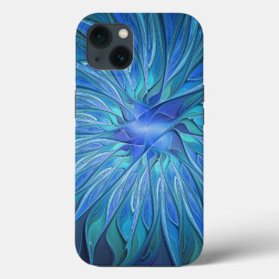 Funda Para iPhone 13 Patrón de fantasía de flor azul, arte fractal abst