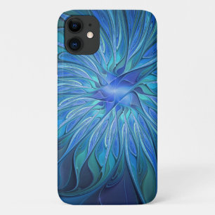 Funda Para iPhone 11 Patrón de fantasía de flor azul, arte fractal abst