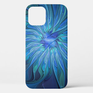 Funda Para iPhone 12 Pro Patrón de fantasía de flor azul, arte fractal abst