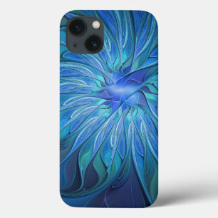 Funda Para iPhone 13 Patrón de fantasía de flor azul, arte fractal abst