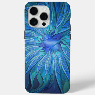 Funda Para iPhone 15 Pro Max Patrón de fantasía de flor azul, arte fractal abst
