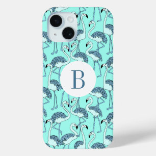 Funda Para iPhone 15 Patrón de flamencos azules monograma moderno