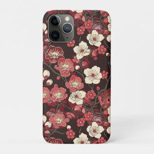 Funda Para iPhone 11 Pro Patrón de Flor de Cerezo Burgundy Oscuro Coral