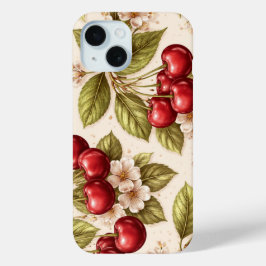 Funda Para iPhone 15 Patrón de flor de cerezo vintage con cerezas rojas