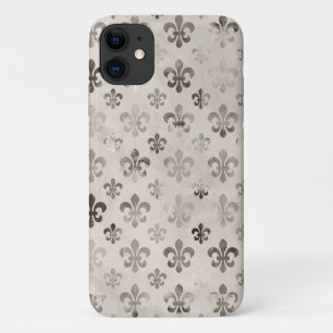 Funda Para iPhone 11 Patrón de Flor de Lis gris plateado angustiado de