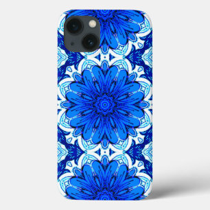 Funda Para iPhone 13 Patrón de flor geométrica en azul cobalto y marina
