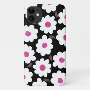 Funda Para iPhone 11 Patrón de flor retro en blanco sobre negro