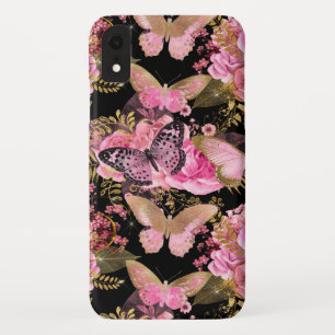 Funda Para iPhone XR Patrón de floral y mariposa de oro Rosa