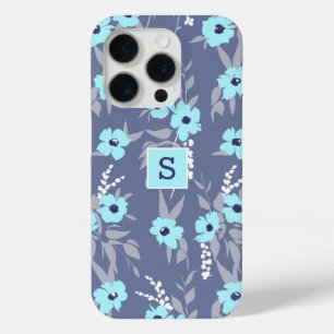 Funda Para iPhone 15 Pro Patrón de florecimientos azules bonitos Monograma