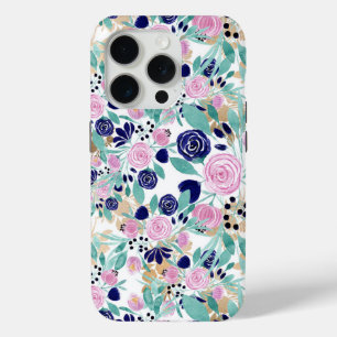Funda Para iPhone 15 Pro Patrón de flores acuáticas color oro azul de la Ma