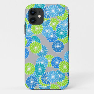 Funda Para iPhone 11 Patrón de flores Art Deco - azul y verde lima