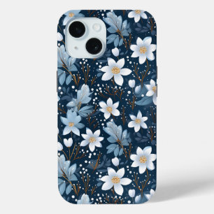 Funda Para iPhone 15 Patrón de flores blancas de invierno
