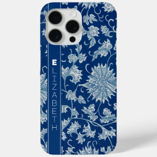 Funda Para iPhone 15 Pro Max Patrón de flores chinas de color azul marino con n