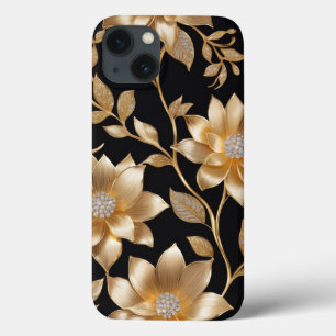 Funda Para iPhone 13 Patrón de flores de joyas doradas Elegante diseño