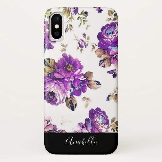 Funda De Case-Mate Para iPhone Patrón de flores moradas con monograma (Reverso)