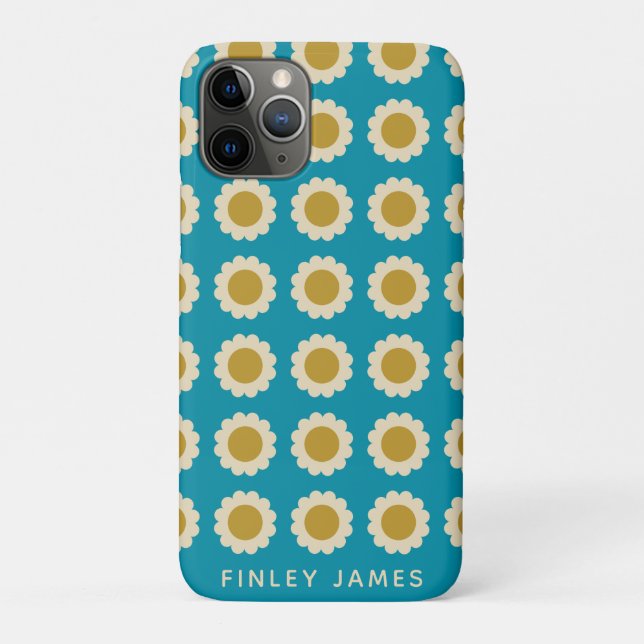 Funda De Case-Mate Para iPhone Patrón de flores pop retro Turquesa personalizado (Reverso)