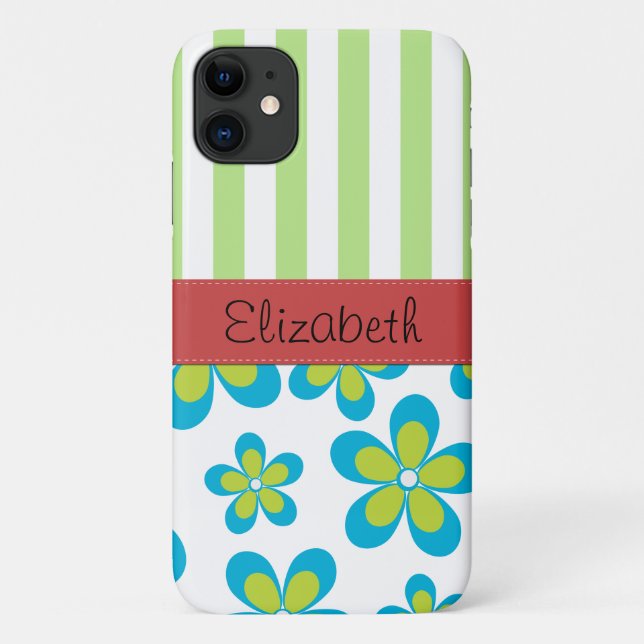 Funda De Case-Mate Para iPhone Patrón De Flores, Rayas Verdes, Su Nombre (Reverso)