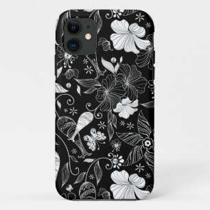 Funda Para iPhone 11 Patrón de flores retro bellas en blanco y negro