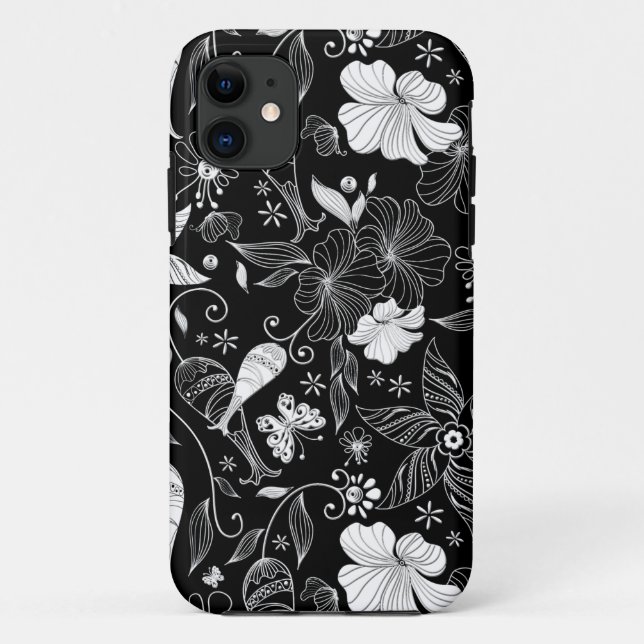 Funda De Case-Mate Para iPhone Patrón de flores retro bellas en blanco y negro (Reverso)