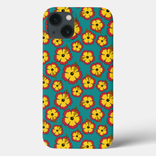 Funda Para iPhone 13 Patrón de flores tropicales amarillas rojas hibisc