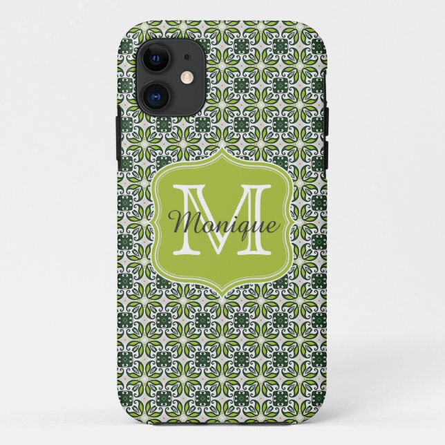 Funda De Case-Mate Para iPhone Patrón de flores verdes de monograma (Reverso)