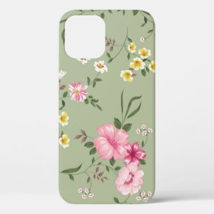Funda Para iPhone 12 Patrón de flores vintage sin foco sobre fondo verd