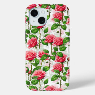 Funda Para iPhone 15 Patrón de follaje floral de flor Rosa